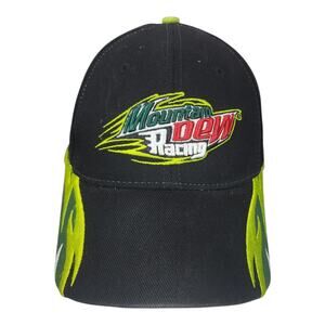 Y2K Mountain Dew Racing Hat Embroidered Black Flames Adjustable 2000s Cap